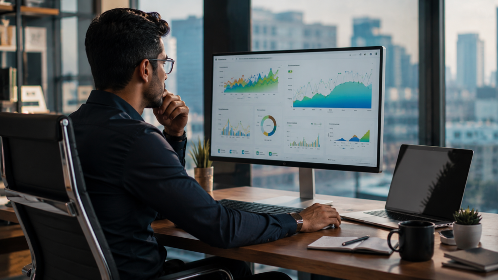 Business owner reviewing website analytics and digital growth.