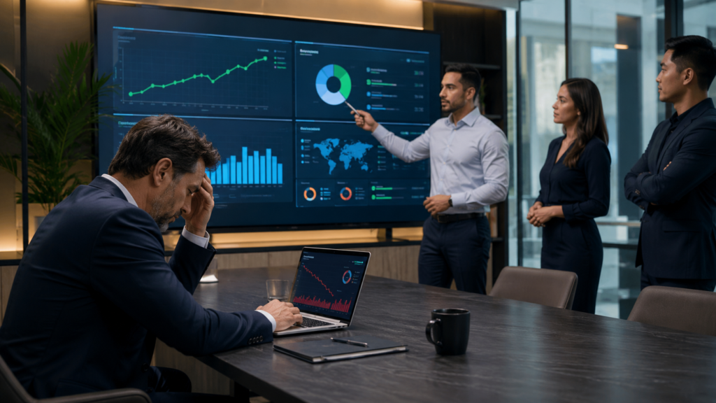Business owner reviewing poor marketing performance with analytics.