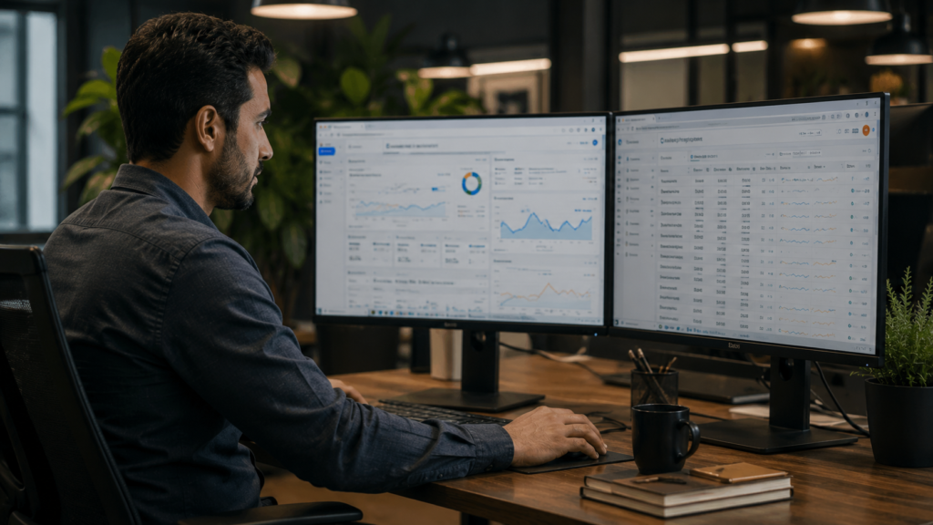 SEO specialist analyzing website traffic and keyword rankings.