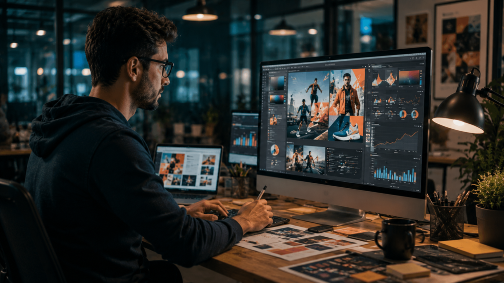 Graphic designer creating professional social media ads.