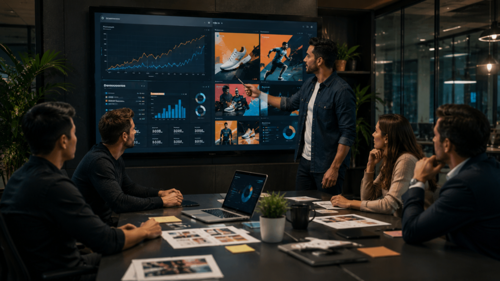 Marketing team analyzing successful creative campaign performance.