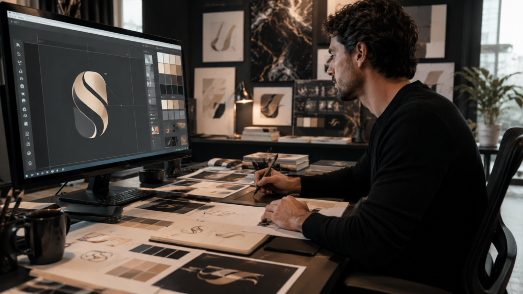 Professional designer creating a modern brand identity.