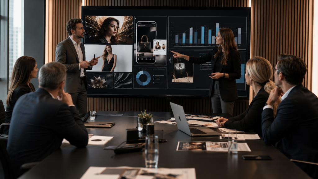 Business meeting presenting a creative advertising campaign.